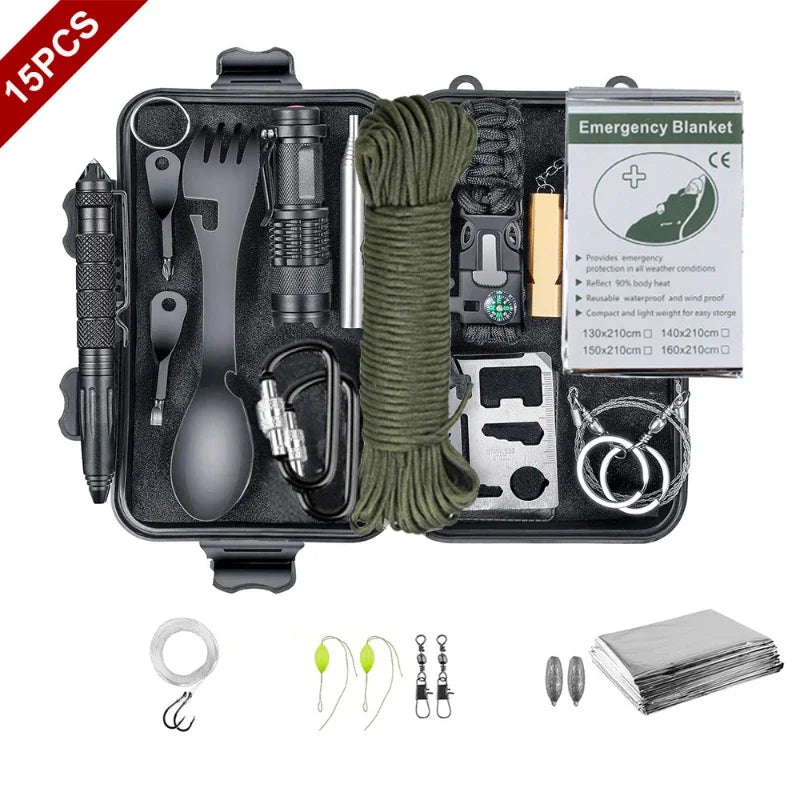 15-in-1 Emergency Survival Kit - Camping, Travel & Wilderness Adventure Gear, Multifunctional Defense & First Aid Kit, SOS Tool